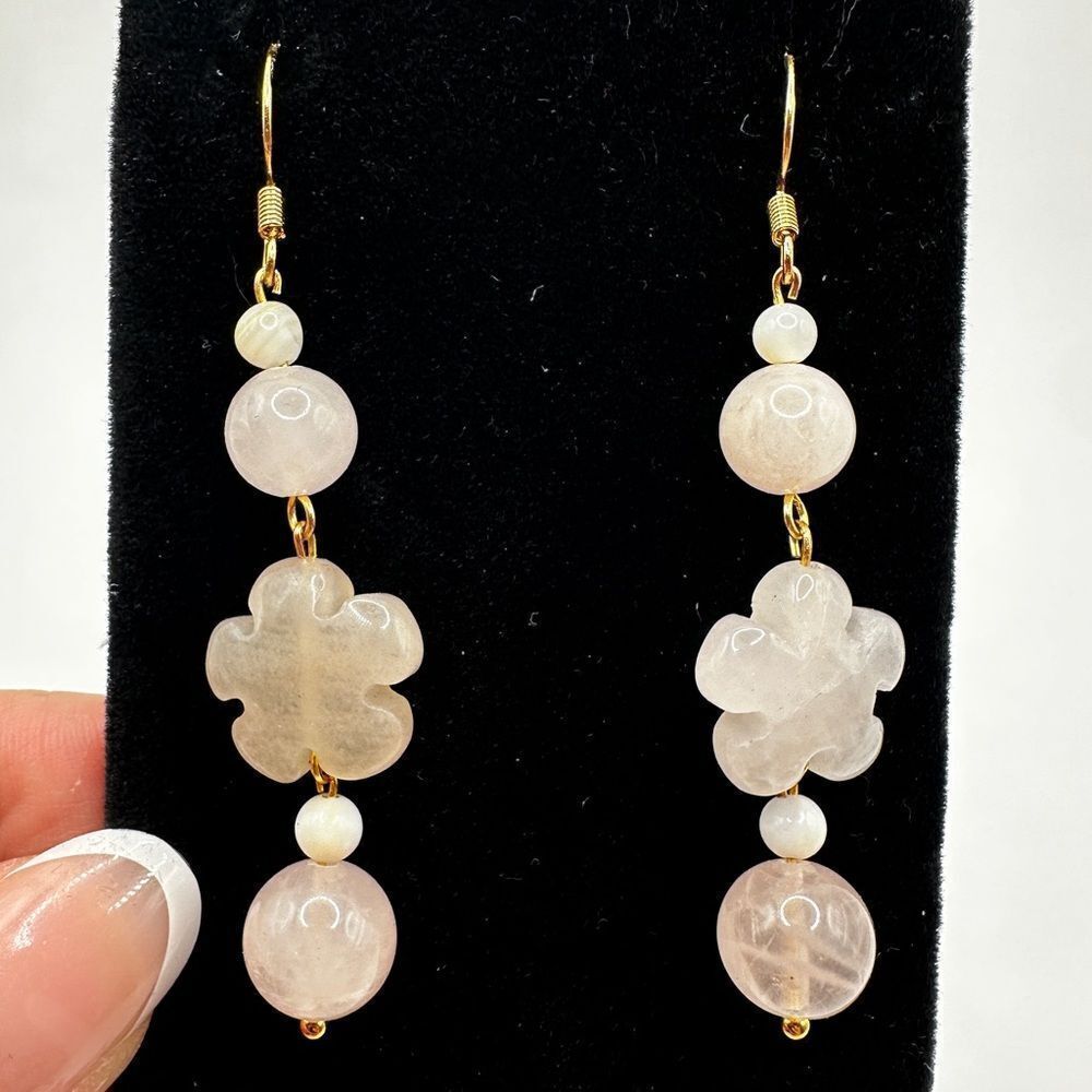2.5" Rose quartz and shell beads with gold over 925 hook, dangle earrings!